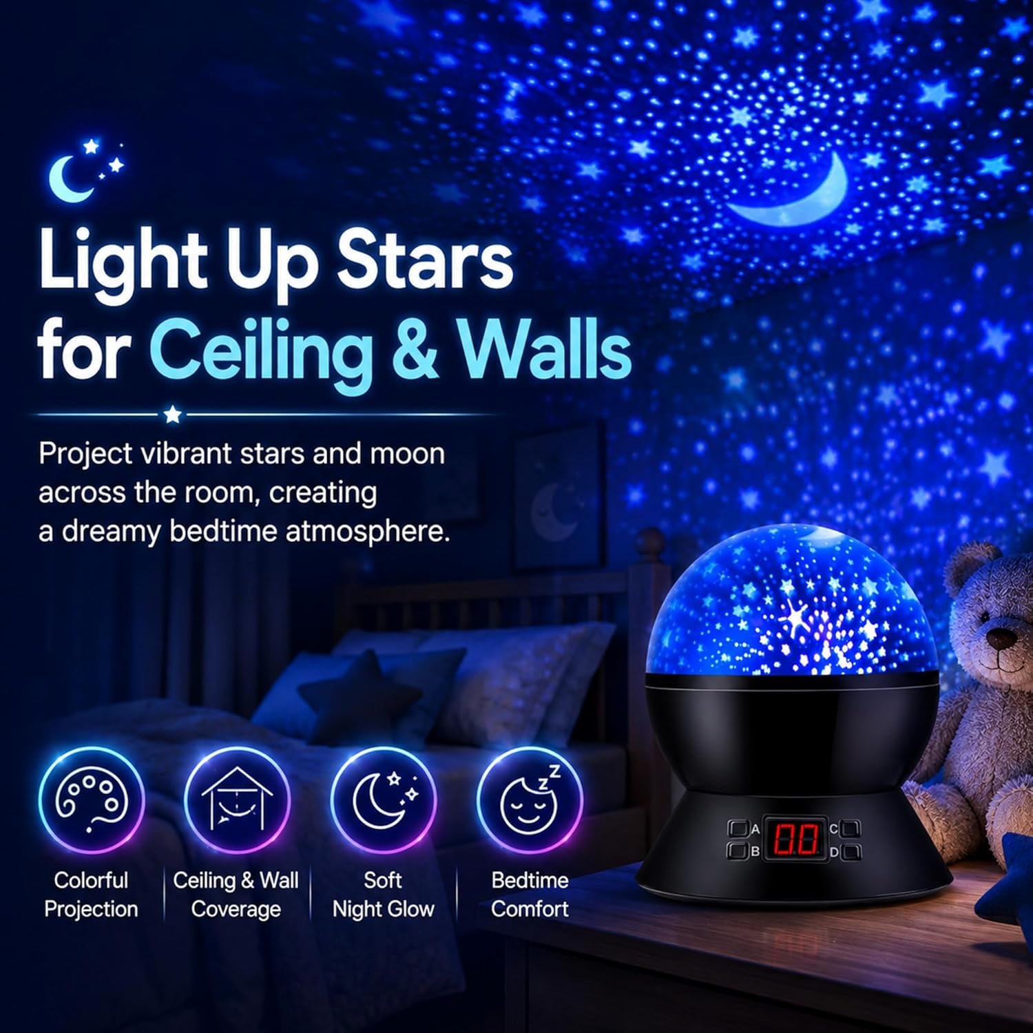 Kids Star Projector Night Light, Star Night Light Projector for Kids, Ceiling Stars Projection Lamp with Timer, 360° Rotating Night Light for Bedroom, Birthday Gift for 3 4 5 Year Old Girls Boys Black