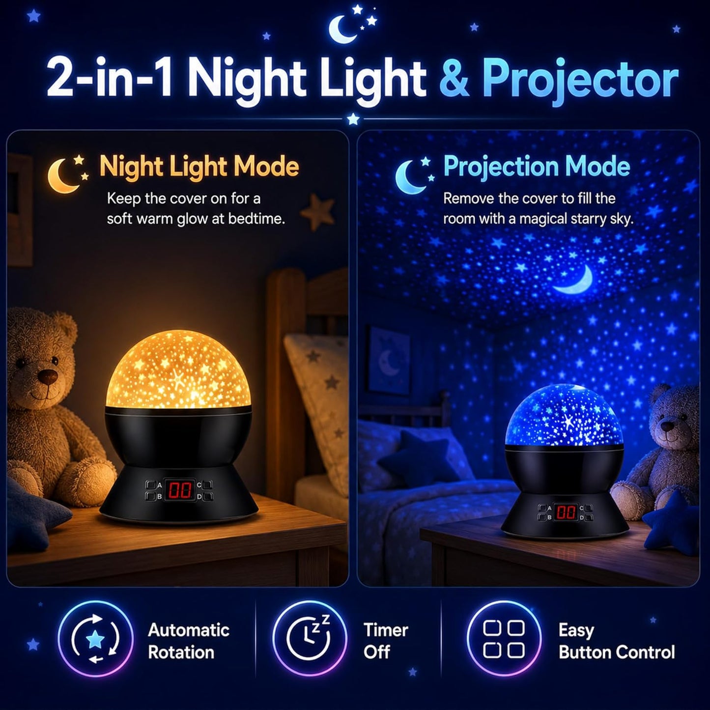Kids Star Projector Night Light, Star Night Light Projector for Kids, Ceiling Stars Projection Lamp with Timer, 360° Rotating Night Light for Bedroom, Birthday Gift for 3 4 5 Year Old Girls Boys Black