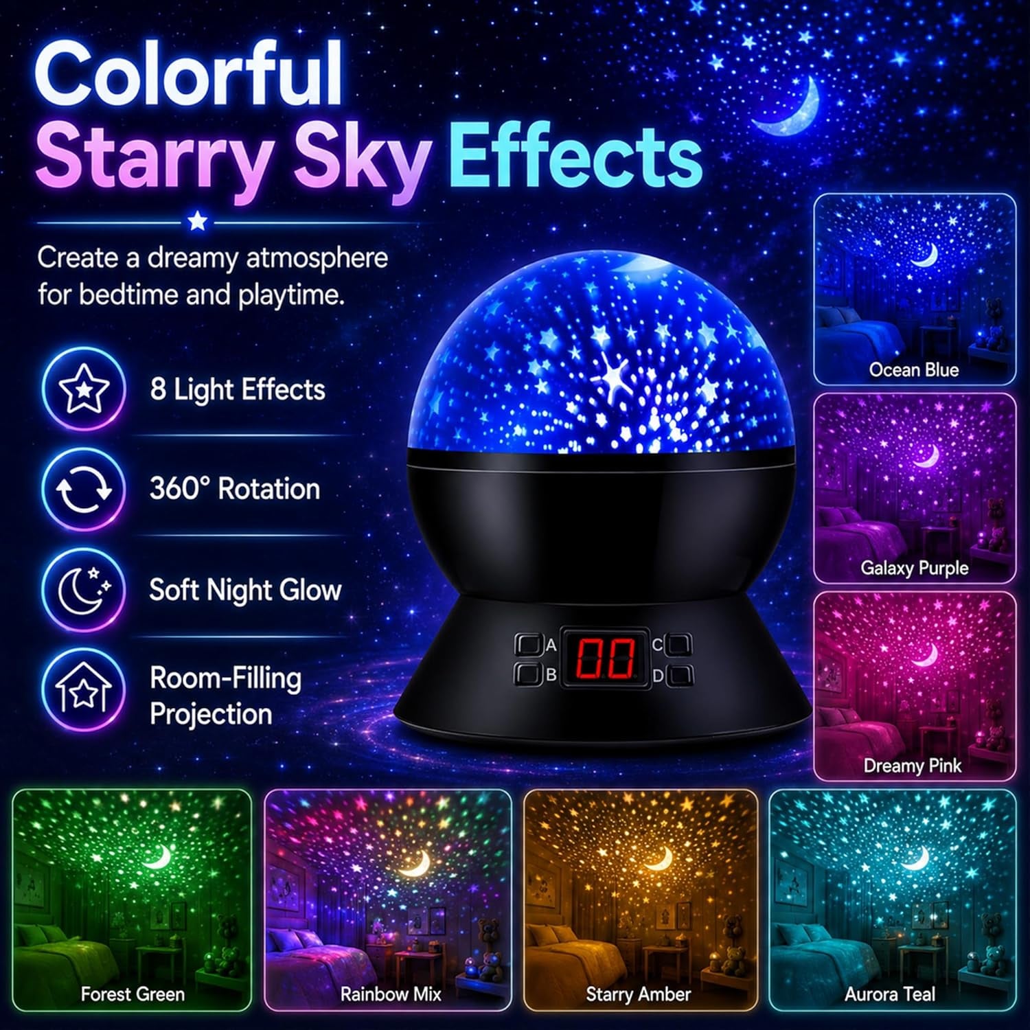 Kids Star Projector Night Light, Star Night Light Projector for Kids, Ceiling Stars Projection Lamp with Timer, 360° Rotating Night Light for Bedroom, Birthday Gift for 3 4 5 Year Old Girls Boys Black
